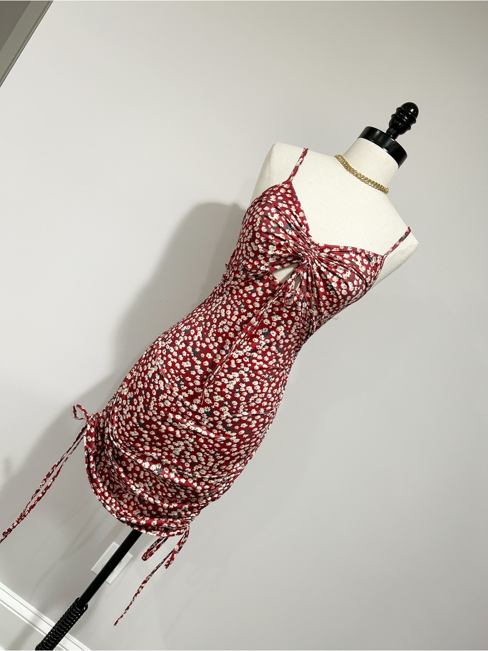 SHEIN Red Floral Tie-Front Ruched Mini Dress